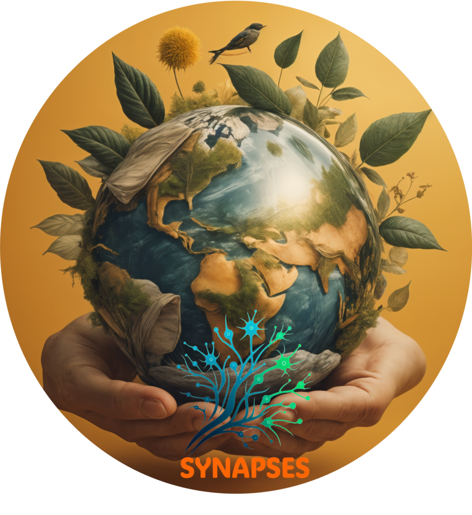 Hands holding planet Earth and the Synapses logo on top